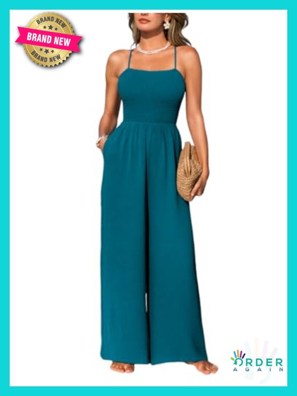 Sleeveless Square Neck Smocked Wide Leg Jumpsuit with Pockets